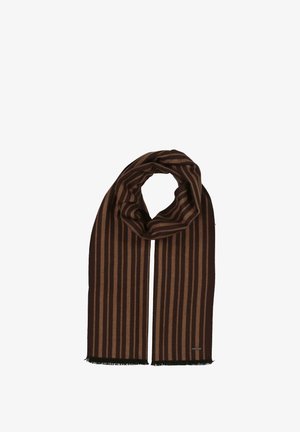 Brown striped scarf made of soft material. Features alternating dark and light brown stripes, with fringe ends and a small accent tag.