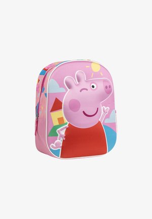 Zaino per bambini con personaggio di maialino rosa dei cartoni animati che fa l'occhiolino, indossa un vestito rosso, su uno sfondo di casa, nuvole e sole.