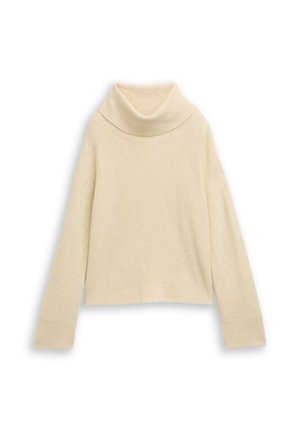 Suéter de punto acanalado color crema con cuello alto, mangas largas y puños anchos, dispuesto sobre un fondo blanco.