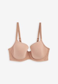 Reggiseno imbottito color nudo con ferretto e spalline regolabili su sfondo bianco.