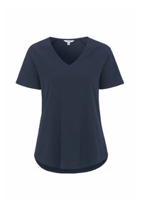 Marineblå bomulds t-shirt med V-hals, korte ærmer og en afslappet pasform. Rundet kant med lidt kurvering for komfortabelt brug.