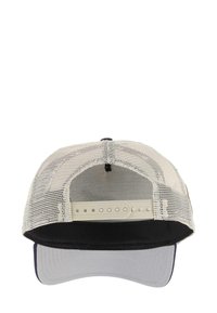 Trucker cap with a light mesh backing, gray bill, and black front panel. Features an adjustable snapback closure.