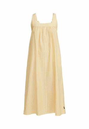 Dzeltena svītrainā bezpiešu kleita ar kvadrātveida dekoltē, plūstošu dizainu, savilkta krūšu daļa un viegla auduma tekstūra.