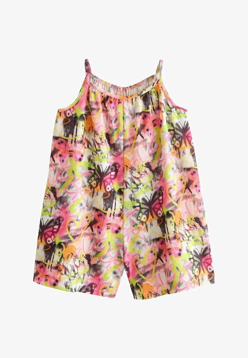 Farbenfrohes ärmelloses Jumpsuit mit einem Schmetterlings- und abstrakten Design. Hergestellt aus leichtem Stoff mit einem gerafften elastischen Halsausschnitt und Trägern.