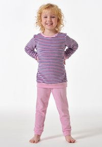 Striped pink and purple long-sleeve top with a rounded neckline and ribbed cuffs, paired with solid pink soft pants.