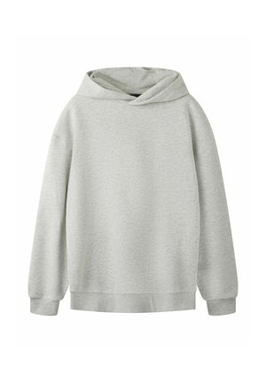 Sweat à capuche uni gris clair avec manches longues, poignets et taille côtelés, présenté sur fond blanc.