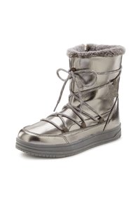 Metallisch silberne Knöchelstiefel mit Fellfutter, strukturiertem Sohlen und dekorativem Sternakzent. Sie verfügen über ein Schnürdesign und weiche Materialien in Grautönen.