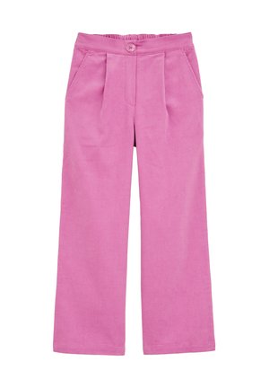 Roze ribfluwelen broek met een knoopsluiting, geplooide voorkant en zijzakken in een wijde pasvorm. Glad textuur en effen kleur.