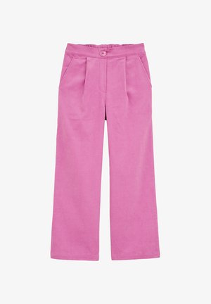 Ružičaste kordura hlače s dugmadi, nabranim prednjim dijelom i bočnim džepovima u širokom kroju. Glatka tekstura i jednobojna.