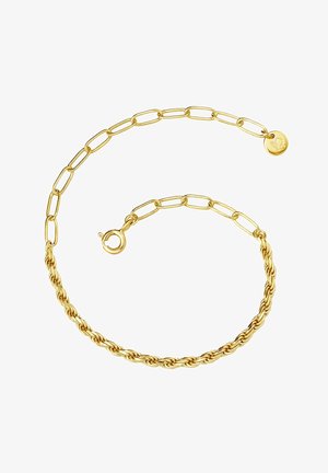 Arany lánc karkötő, amely kevert láncformákat mutat be, ötvözve a csavart és hosszúkás láncokat, horogzárral és egy kis charm-mal.