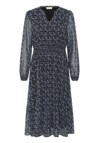 Mörkblå midi-klänning med långa genomskinliga ärmar, samlad midja, V-ringning och ljusgrått bladmönster i hela plagget.