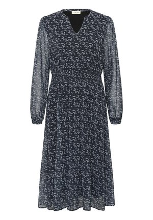 Rochie midi de culoare bleu închis, cu mâneci lungi dintr-o țesătură transparentă, talie plisată, decolteu în V și un model ușor gri cu frunze pe întreaga suprafață.