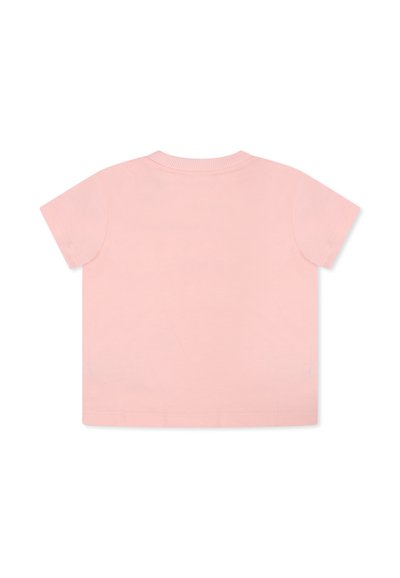 T-shirt rosa a maniche corte realizzato in cotone, caratterizzato da un collo rotondo e una consistenza liscia senza motivi o decorazioni visibili.