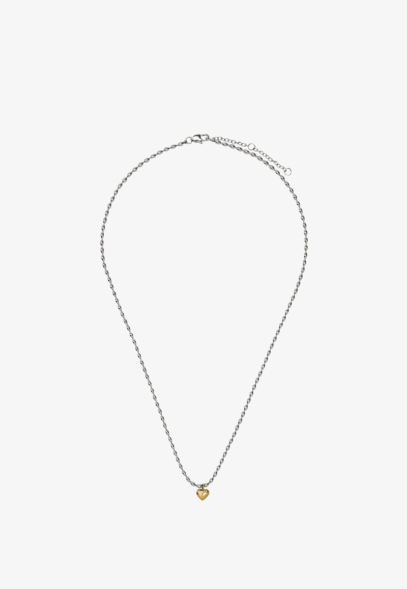 Srebrny naszyjnik z łańcuszkiem, z małym złotym serduszkiem jako zawieszką na środku, ze skręcanymi ogniwami i zapięciem umożliwiającym regulację długości.