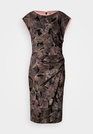 Black dress featuring a floral print in pink and beige. Cap sleeves, gathered side detail, knee-length hem, and a back zipper closure.