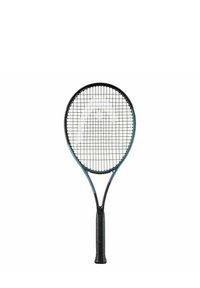 Tennis racket with a black frame, blue accents, and a textured black handle. The head is strung with a grid pattern.