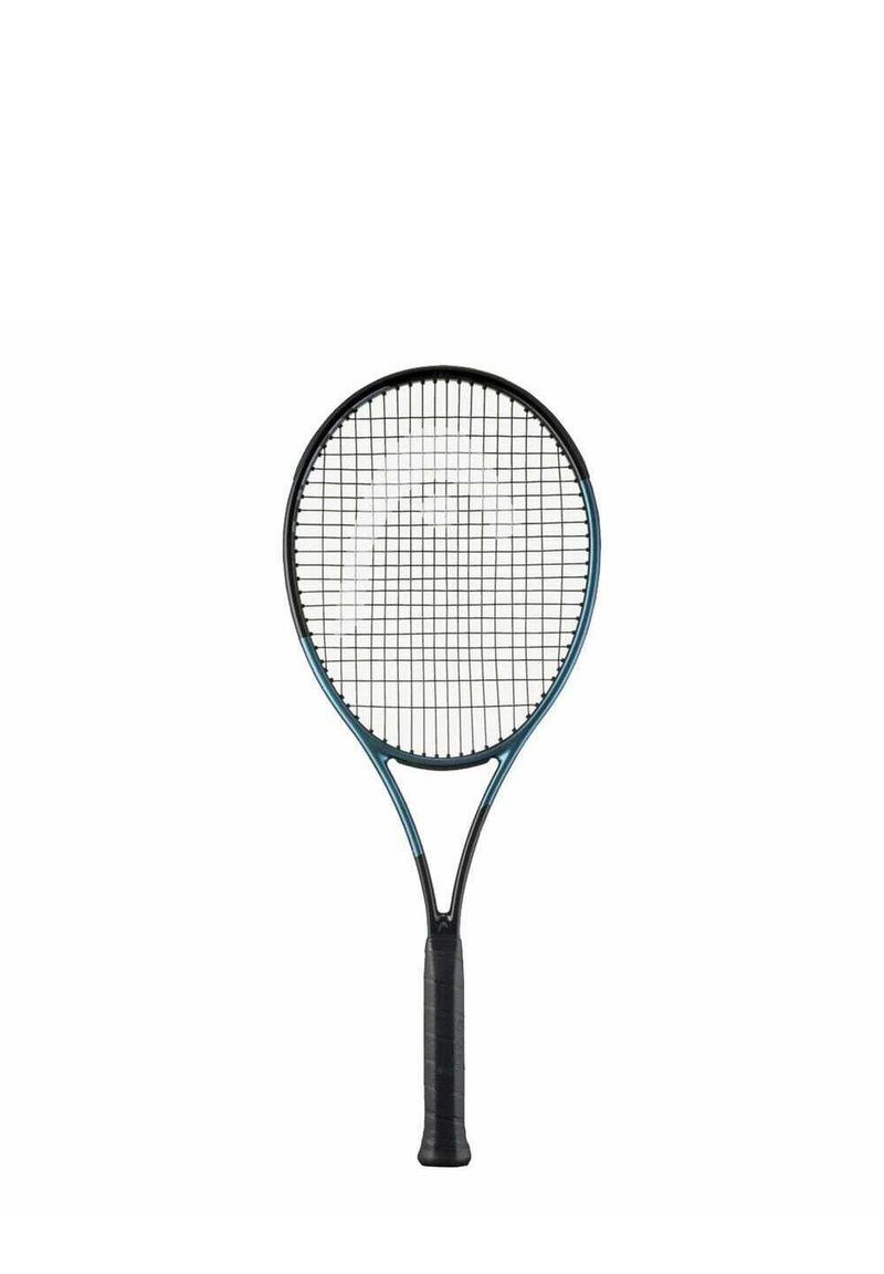 Tennis racket with a black frame, blue accents, and a textured black handle. The head is strung with a grid pattern.