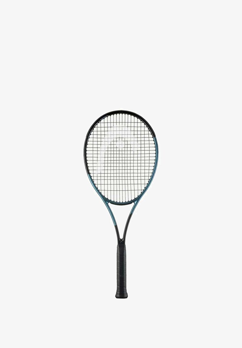 Tennis racket with a black frame, blue accents, and a textured black handle. The head is strung with a grid pattern.