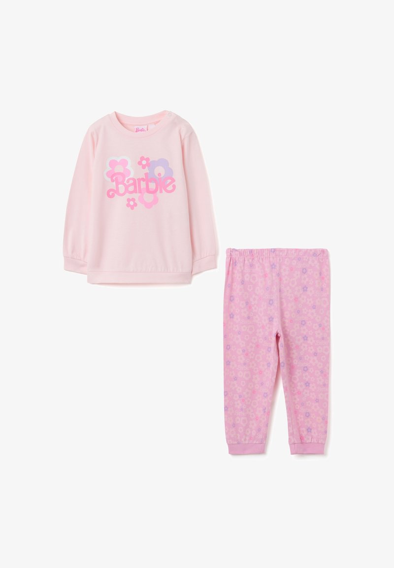 Set di pigiami in cotone rosa composto da una maglietta a maniche lunghe con grafica "Barbie" e dettagli floreali, abbinato a pantaloni con stampa floreale coordinata.