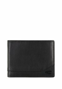 Black leather wallet with a smooth texture, rectangular shape, stitched edges, and a subtle logo accent on one corner.