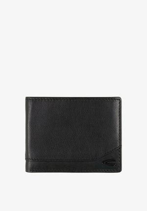 Black leather wallet with a smooth texture, rectangular shape, stitched edges, and a subtle logo accent on one corner.