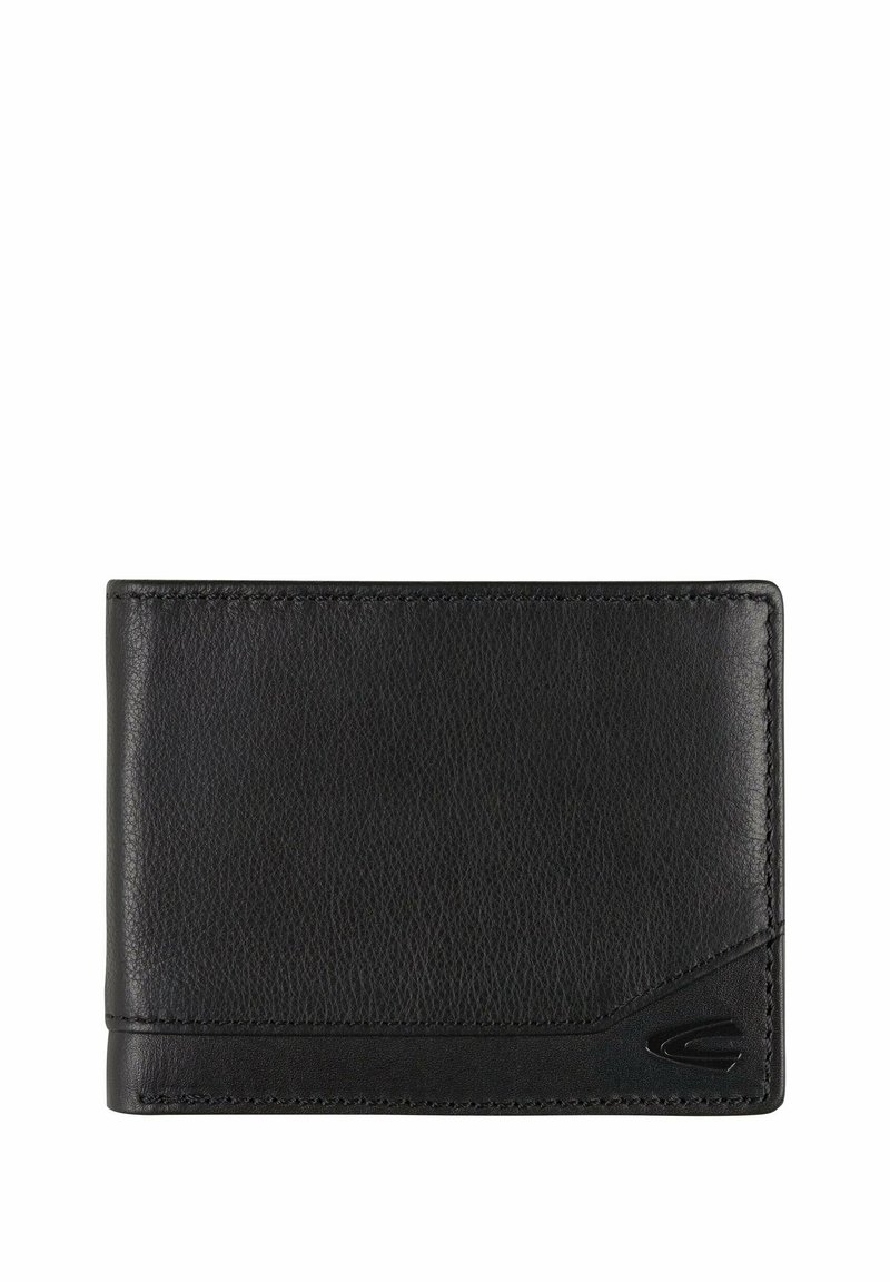 Black leather wallet with a smooth texture, rectangular shape, stitched edges, and a subtle logo accent on one corner.