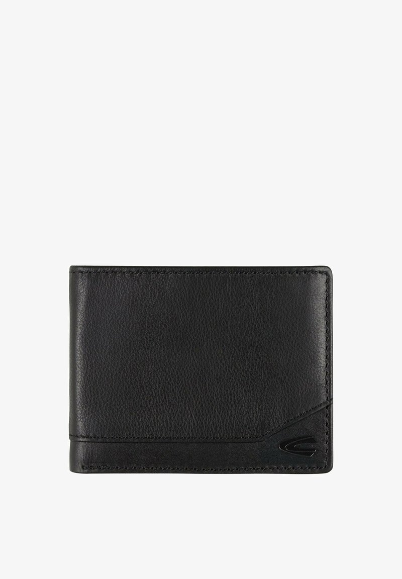 Black leather wallet with a smooth texture, rectangular shape, stitched edges, and a subtle logo accent on one corner.