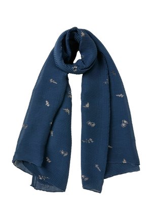 Marineblaue gerippte Schal mit kleiner silberner Blumenstickerei, oben locker gefaltet.
