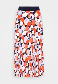 Gonna plissettata con una vita blu navy, caratterizzata da un audace motivo di forme circolari rosse, lavanda e bianche su uno sfondo scuro.