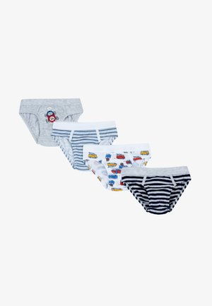 Quatre paires de slips pour garçons : gris avec un motif de camion, blanc avec des véhicules colorés, rayé blanc et bleu, et rayé marine. Ceintures élastiques.