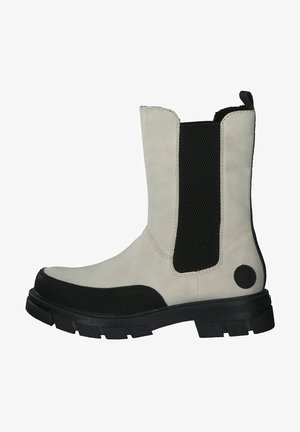 Bottes basses gris clair et noir avec une tige en cuir lisse, des panneaux en maille respirante, un embout texturé et une semelle en caoutchouc résistante.