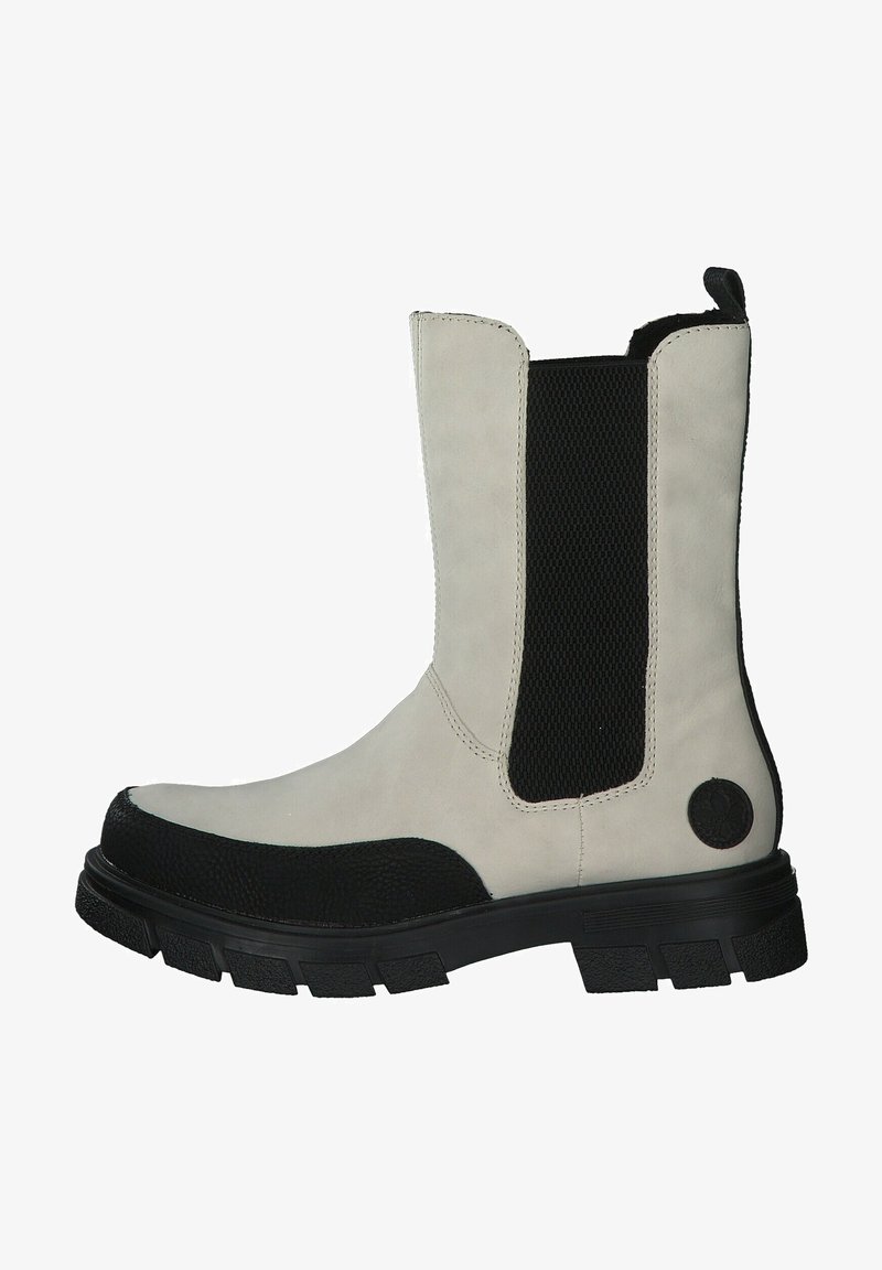 Bottes basses gris clair et noir avec une tige en cuir lisse, des panneaux en maille respirante, un embout texturé et une semelle en caoutchouc résistante.