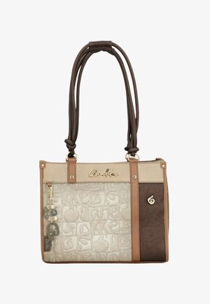 Borsa a mano rettangolare beige e marrone con manici lunghi marrone scuro, quilting decorativo e logo e charm Anekke in tonalità oro.