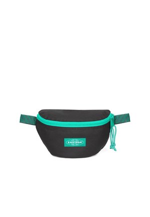 Bolso de cintura de tela negra con cremallera turquesa y logotipo. Presenta una forma redonda, correa ajustable a rayas y textura suave.