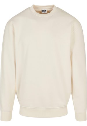 Cream-colored sweatshirt with a ribbed neckline and cuffs. Features a relaxed fit, soft texture, and no visible patterns or graphics.