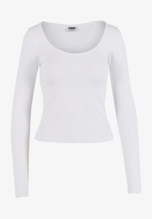 Langarm-weißes Oberteil mit Rundhalsausschnitt, aus dehnbarem Stoff gefertigt, mit taillierter Passform und nahtloser Konstruktion ohne sichtbare Akzente.