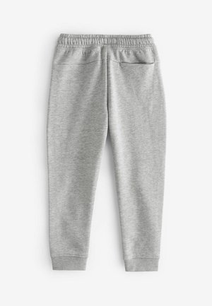 Joggers en coton gris dotés d'une ceinture élastique confortable, de jambes fuselées et de deux poches arrière. Texture lisse avec un léger motif chiné.