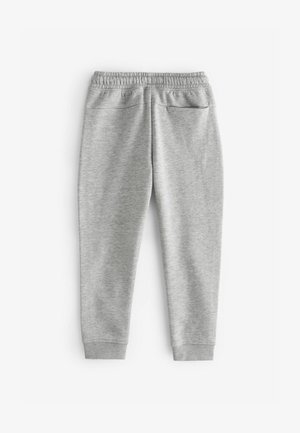 Pelēki kokvilnas joggeri ar ērtu elastīgu jostasviedu, sašaurinātām kājām un divām aizmugurējām kabatām. Gluda tekstūra ar smalku heather rakstu.