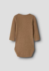 Brown ribbed long-sleeve bodysuit with a round neckline and snap closures at the bottom. Soft texture and fitted design.