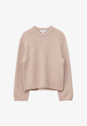 Maglione beige a maniche lunghe con collo tondo, leggermente corto in vita e con polsini e scollatura a coste.