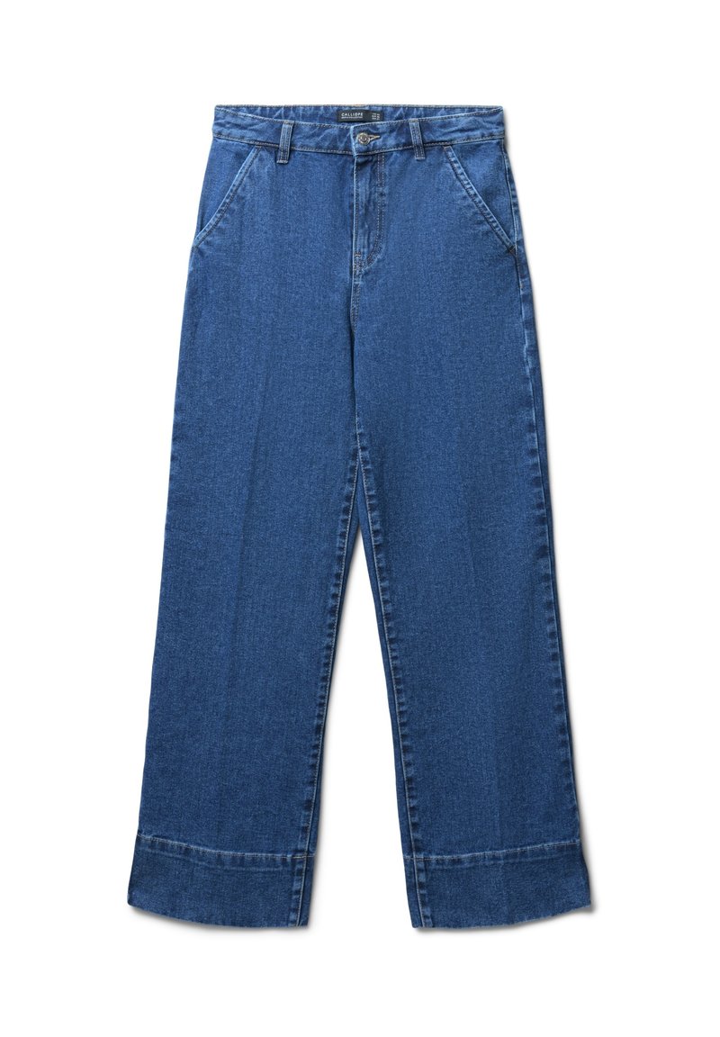 Pantaloni in denim a gamba larga di colore blu medio. Presentano una vita alta, tasche frontali e un orlo leggermente sfilacciato. Design classico a 5 tasche.