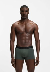Men’s green modal boxer briefs with a black elastic waistband, featuring a fitted shape and soft, smooth texture.