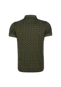 Olivově zelené polo tričko s černým opakujícím se vzorem, krátkými rukávy a klasickým límečkem s kontrastním lemováním. Měkká, strukturovaná tkanina.