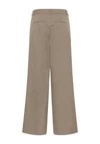 Vue arrière d'un pantalon beige à jambes larges avec passants de ceinture et deux poches passepoilées.