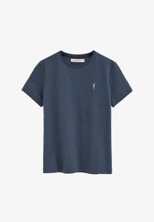 Camiseta azul marino de manga corta con cuello redondo y pequeño logo blanco de jugador de polo en el pecho izquierdo.