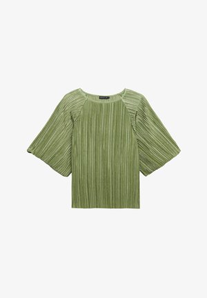 Plissé groene top met brede mouwen, ronde hals en een gladde textuur. De stof heeft verticale strepen en een ontspannen pasvorm.