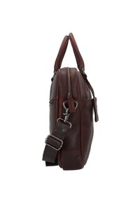 Braune Ledertasche mit strukturiertem Finish, doppelten Griffen, einem abnehmbaren Gurt und einem Reißverschlussverschluss oben. Verfügt über eine Seitentasche und metallische Akzente.