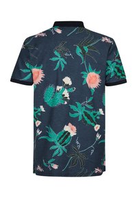 Koszulka polo z krótkim rękawem w ciemnoniebieskim kolorze z żywymi wzorami kwiatowymi i kaktusów. Posiada prążkowany kołnierzyk i teksturowane wykończenie materiału.