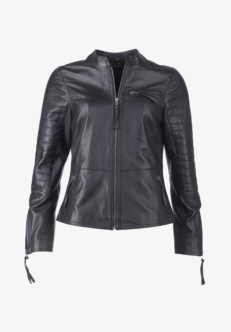 Zwart leren jack met een rechtopstaande kraag, rits aan de voorkant en twee zijzakken. Bevat gestikte accenten op de schouders en mouwen.