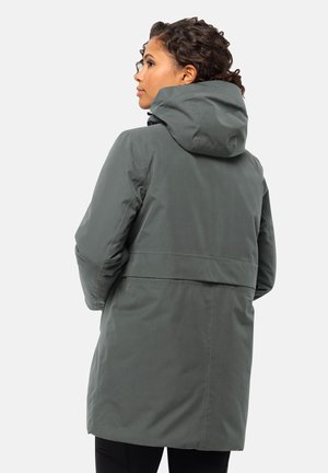 Grijze, waterdichte jas met een capuchon, middellange ontwerp en rechte snit. Heeft een cinched taille en een zachte textuur.